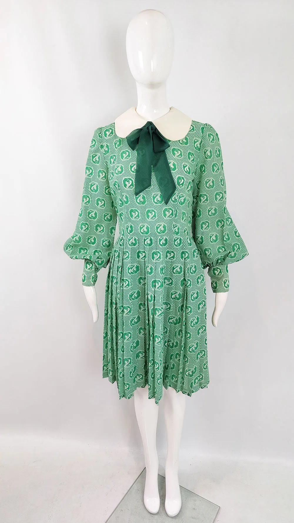 Jean Allen Vintage Bishop Sleeve Green Dress, 1960s