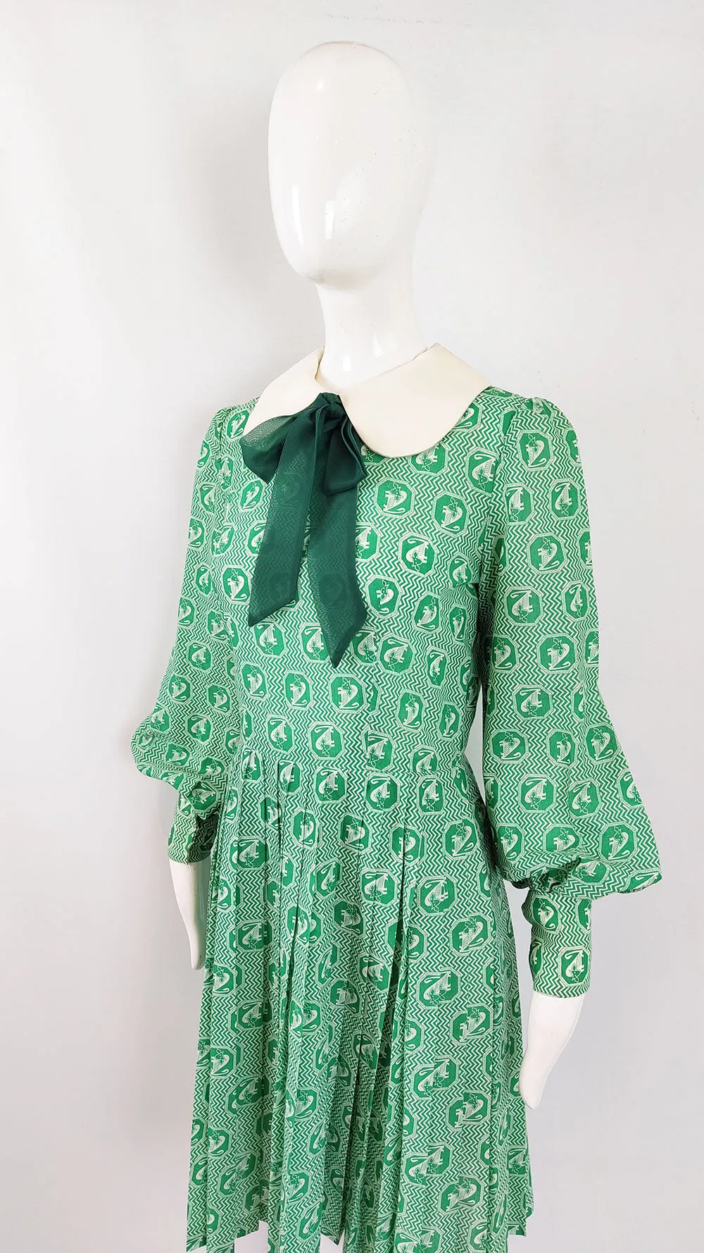 Jean Allen Vintage Bishop Sleeve Green Dress, 1960s