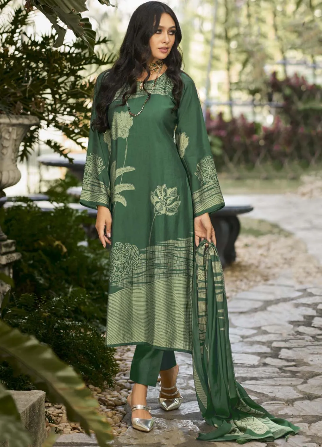 Kilory Party Wear Green Muslin Unstitched Salwar Suit Dress Material
