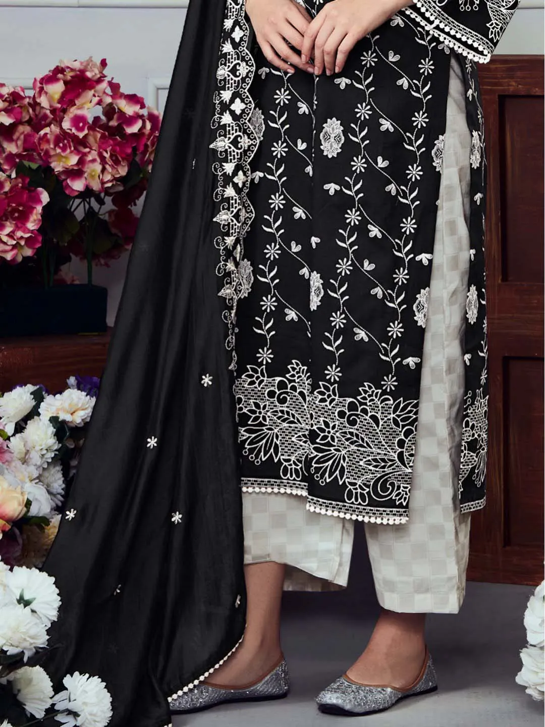 Kimora Black Unstitched Cotton Suit Dress Material for Women