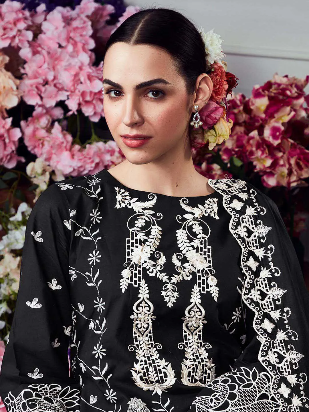 Kimora Black Unstitched Cotton Suit Dress Material for Women