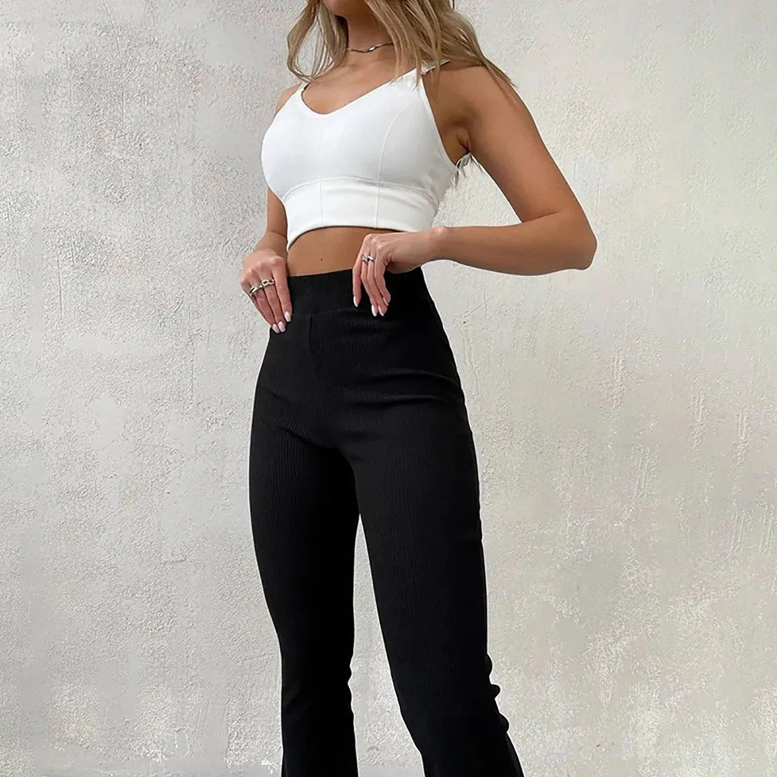 Knitted Flare Streetwear Solid Black V-Shaped High Elasticity Elegant Pants