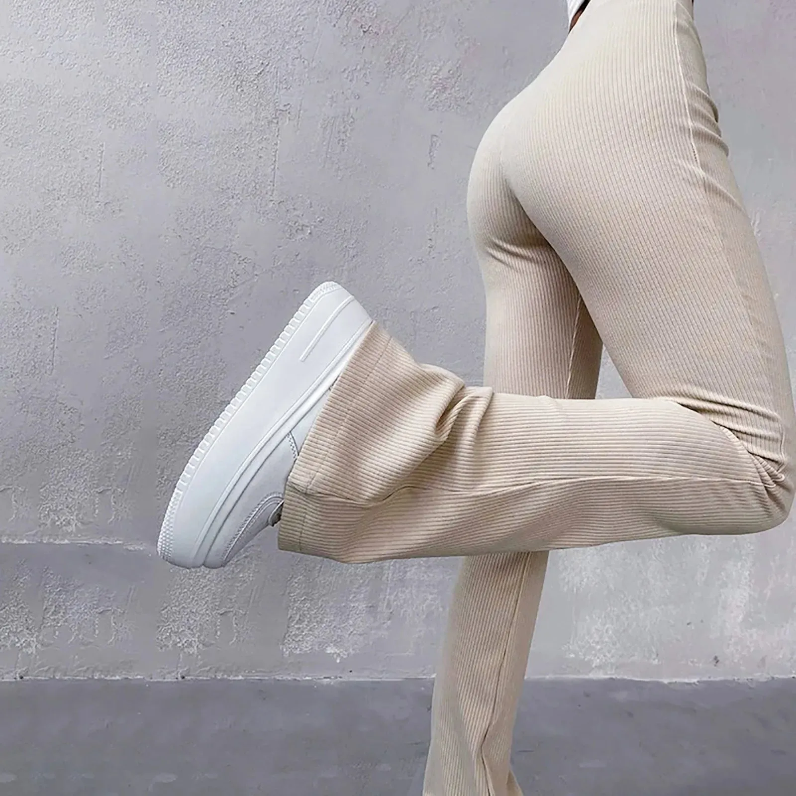 Knitted Flare Streetwear Solid Black V-Shaped High Elasticity Elegant Pants