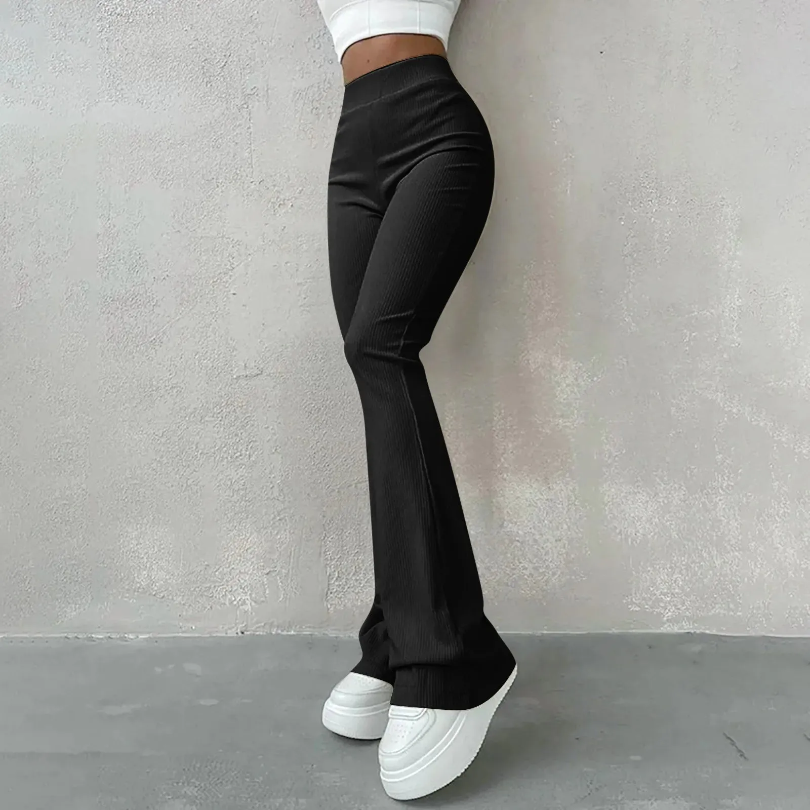 Knitted Flare Streetwear Solid Black V-Shaped High Elasticity Elegant Pants