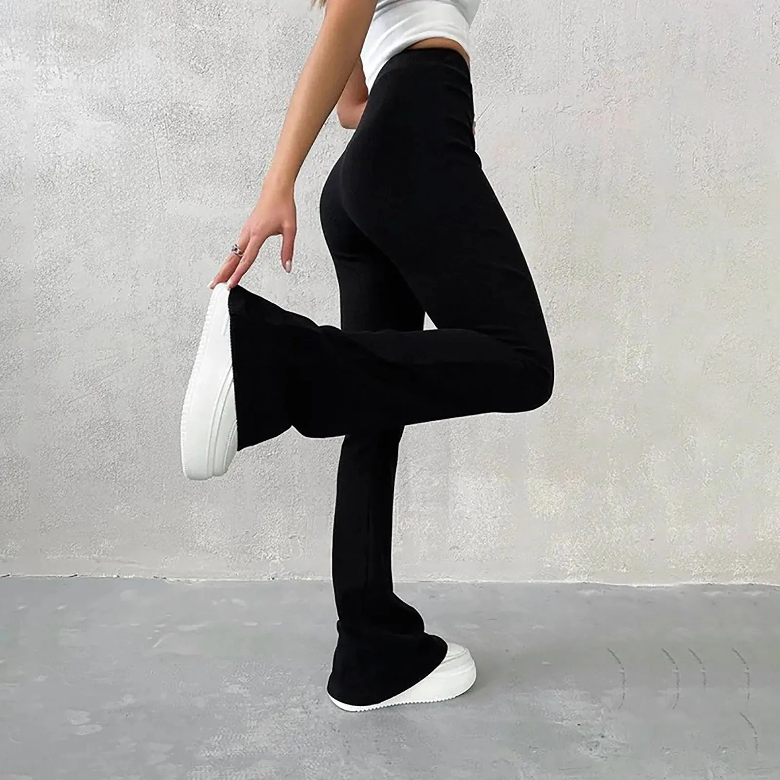 Knitted Flare Streetwear Solid Black V-Shaped High Elasticity Elegant Pants