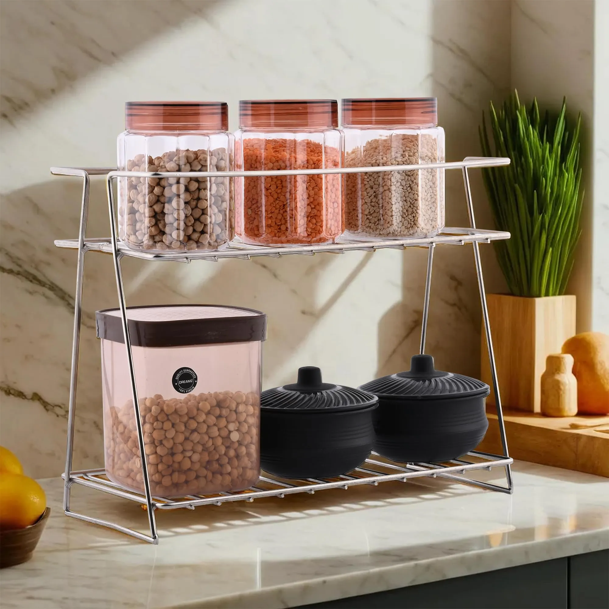 Kuber Industries (Set of 4) Multipurpose Counter Top Spice Rack Trolley Organizer 2-Layer Stainless Steel Corner Stand for Kitchen | Silver