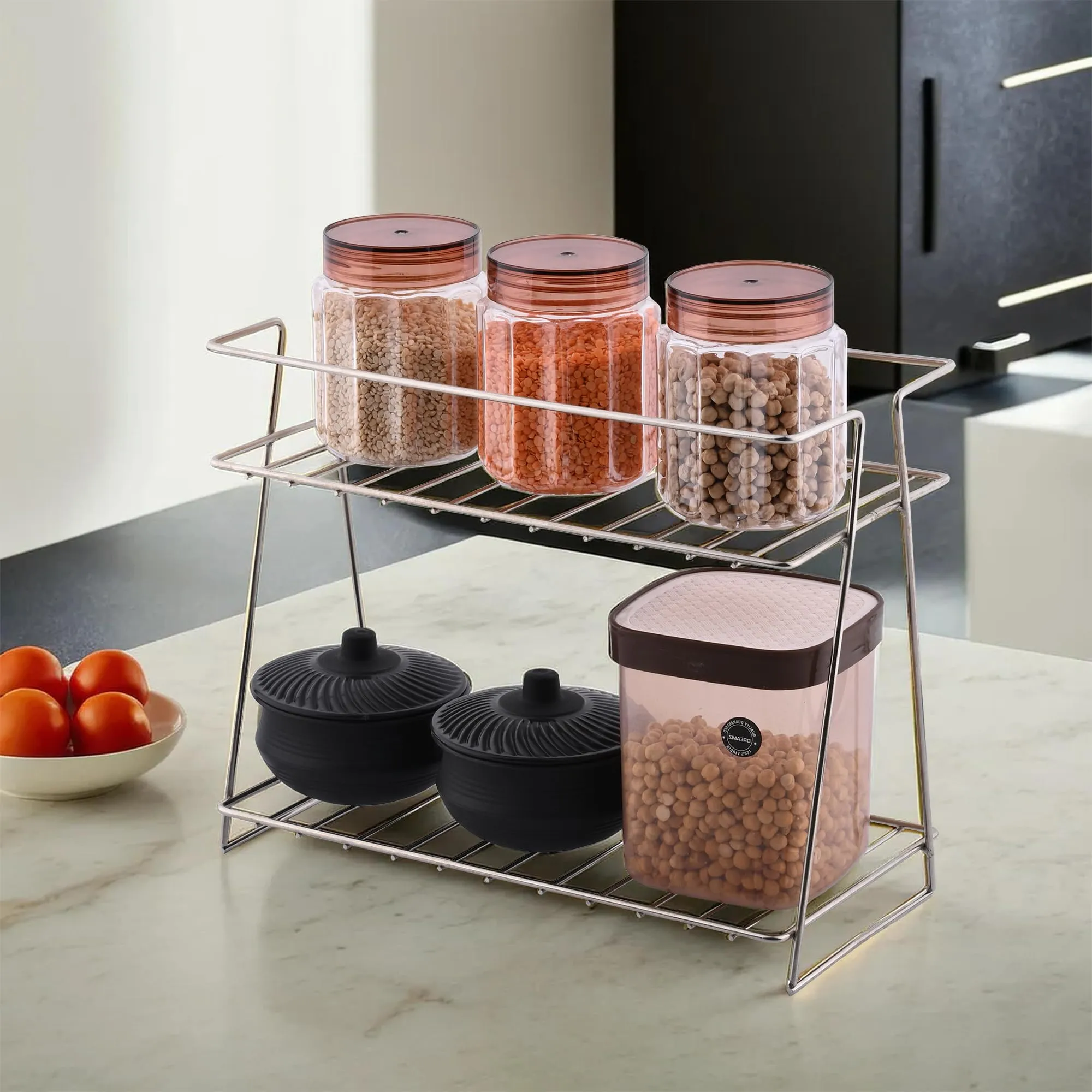 Kuber Industries (Set of 4) Multipurpose Counter Top Spice Rack Trolley Organizer 2-Layer Stainless Steel Corner Stand for Kitchen | Silver