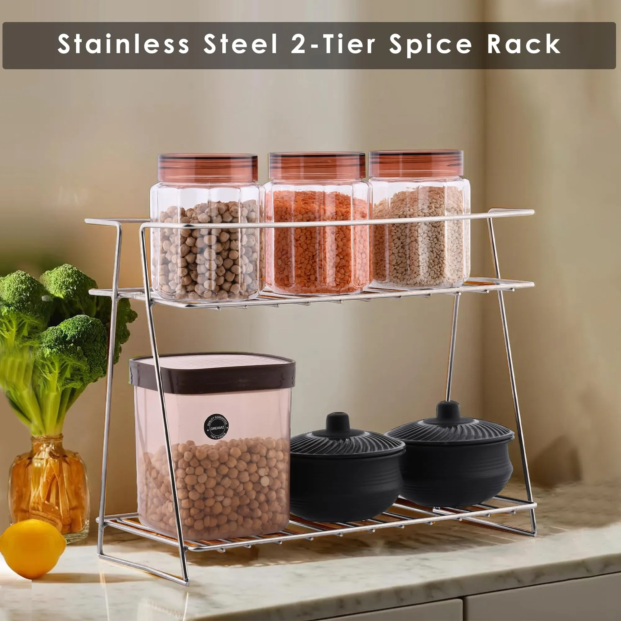 Kuber Industries (Set of 4) Multipurpose Counter Top Spice Rack Trolley Organizer 2-Layer Stainless Steel Corner Stand for Kitchen | Silver