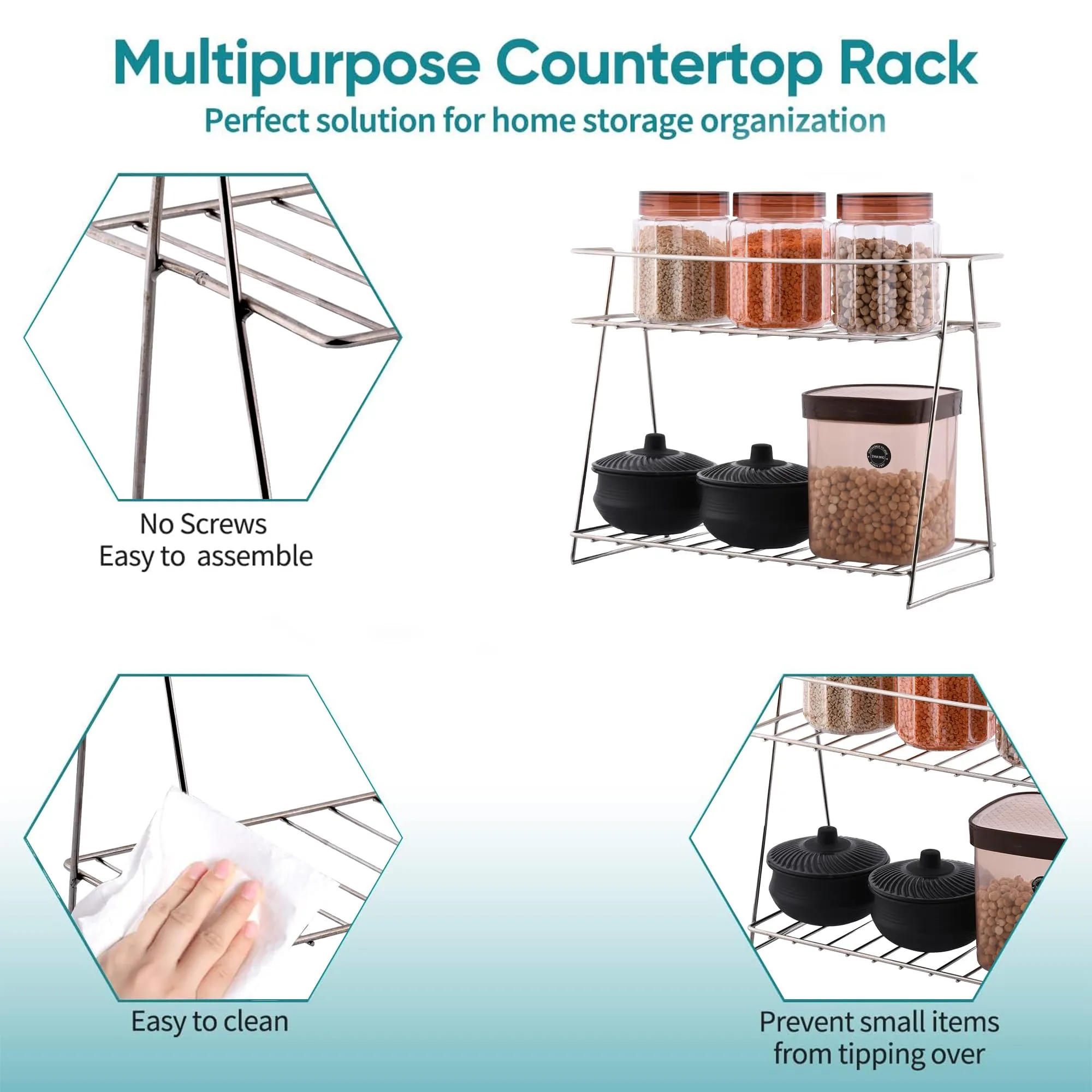 Kuber Industries (Set of 4) Multipurpose Counter Top Spice Rack Trolley Organizer 2-Layer Stainless Steel Corner Stand for Kitchen | Silver