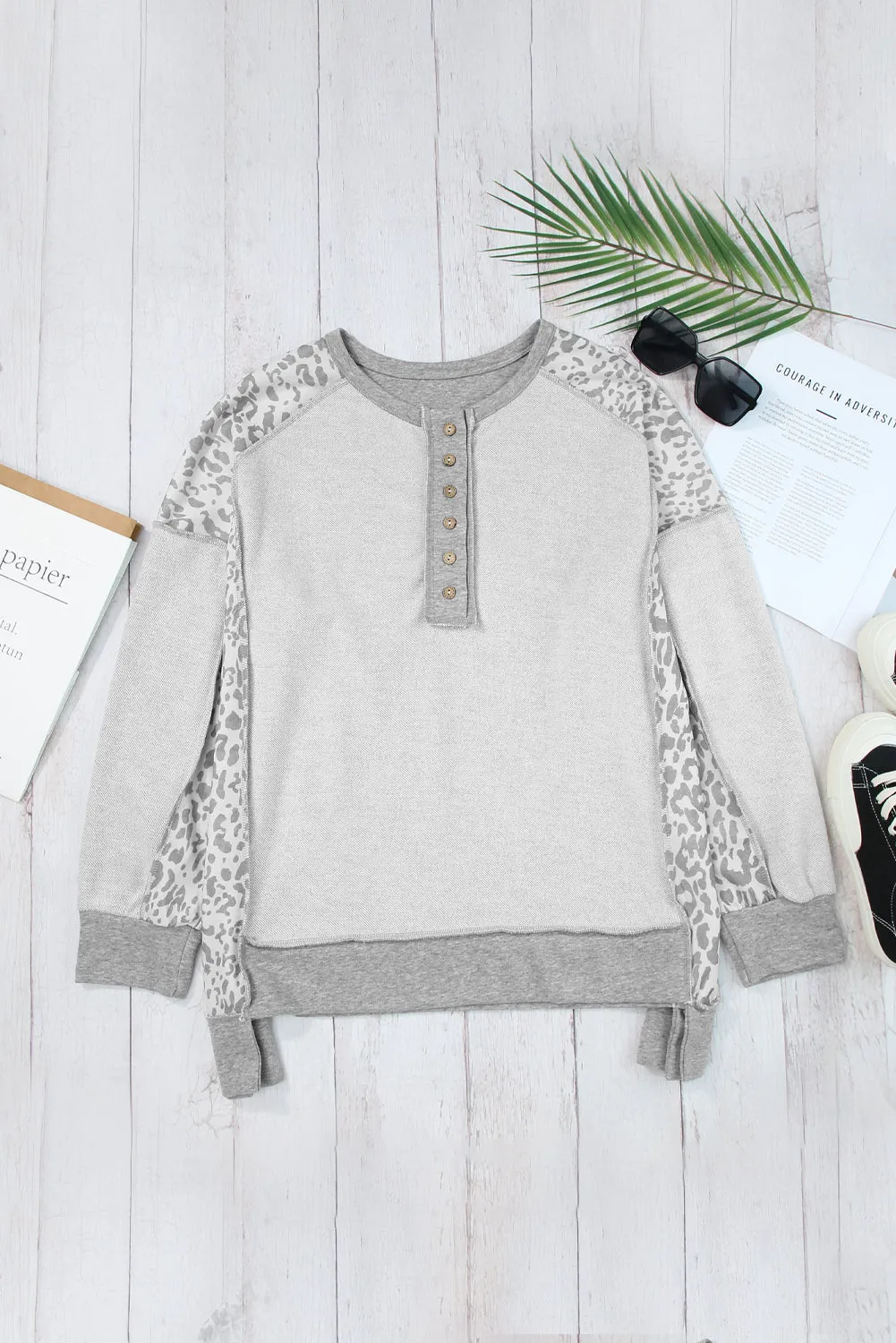 Leopard Patchwork Sweatshirt Exposed Seam Long Sleeve Button Top Oversized Shirt