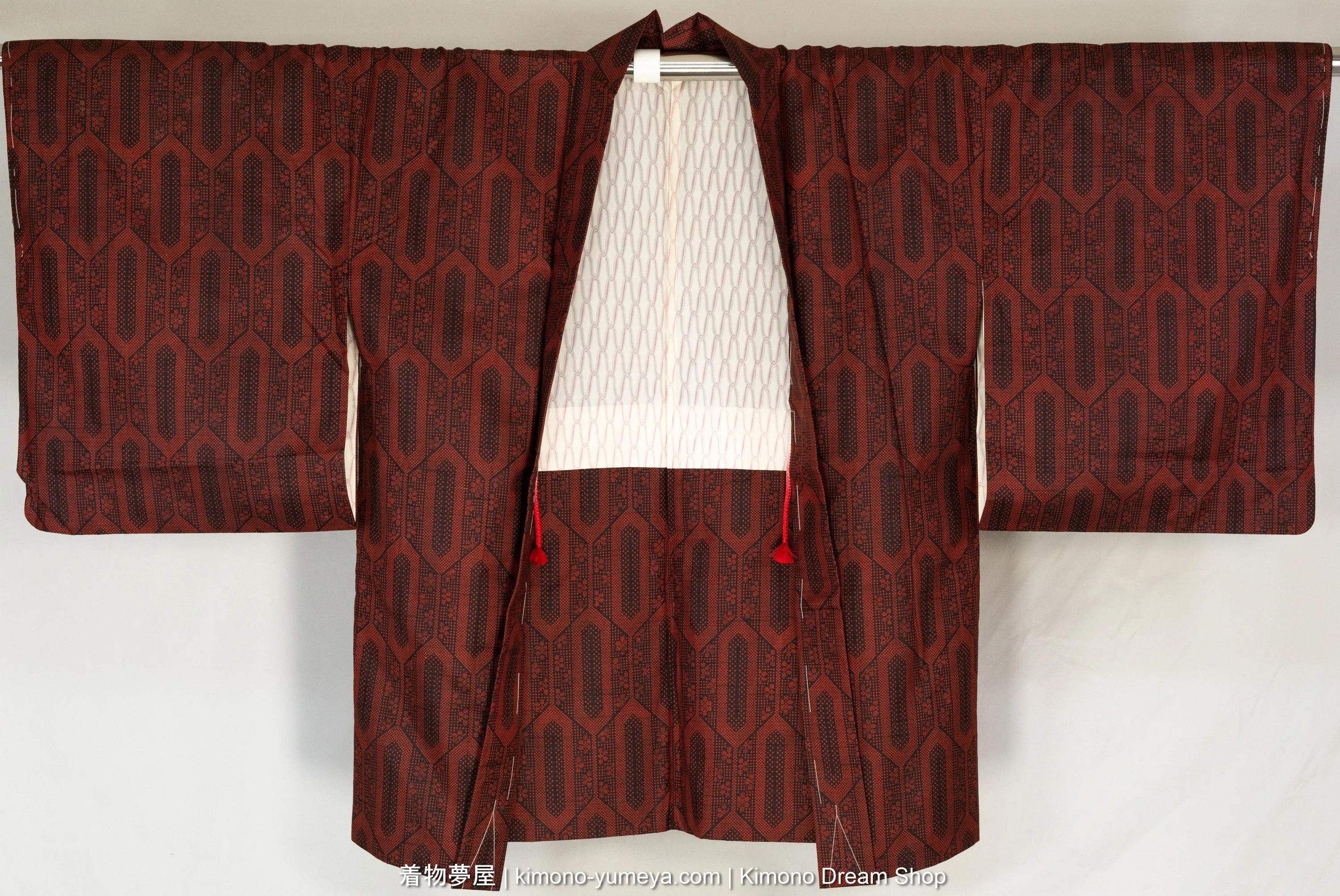 Long Tortoise Shells with Flowers Tsumugi Women's Haori - Vintage Raw Silk & Wool Blend Kimono Jacket - Unused Deadstock - Red, Black