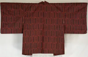 Long Tortoise Shells with Flowers Tsumugi Women's Haori - Vintage Raw Silk & Wool Blend Kimono Jacket - Unused Deadstock - Red, Black