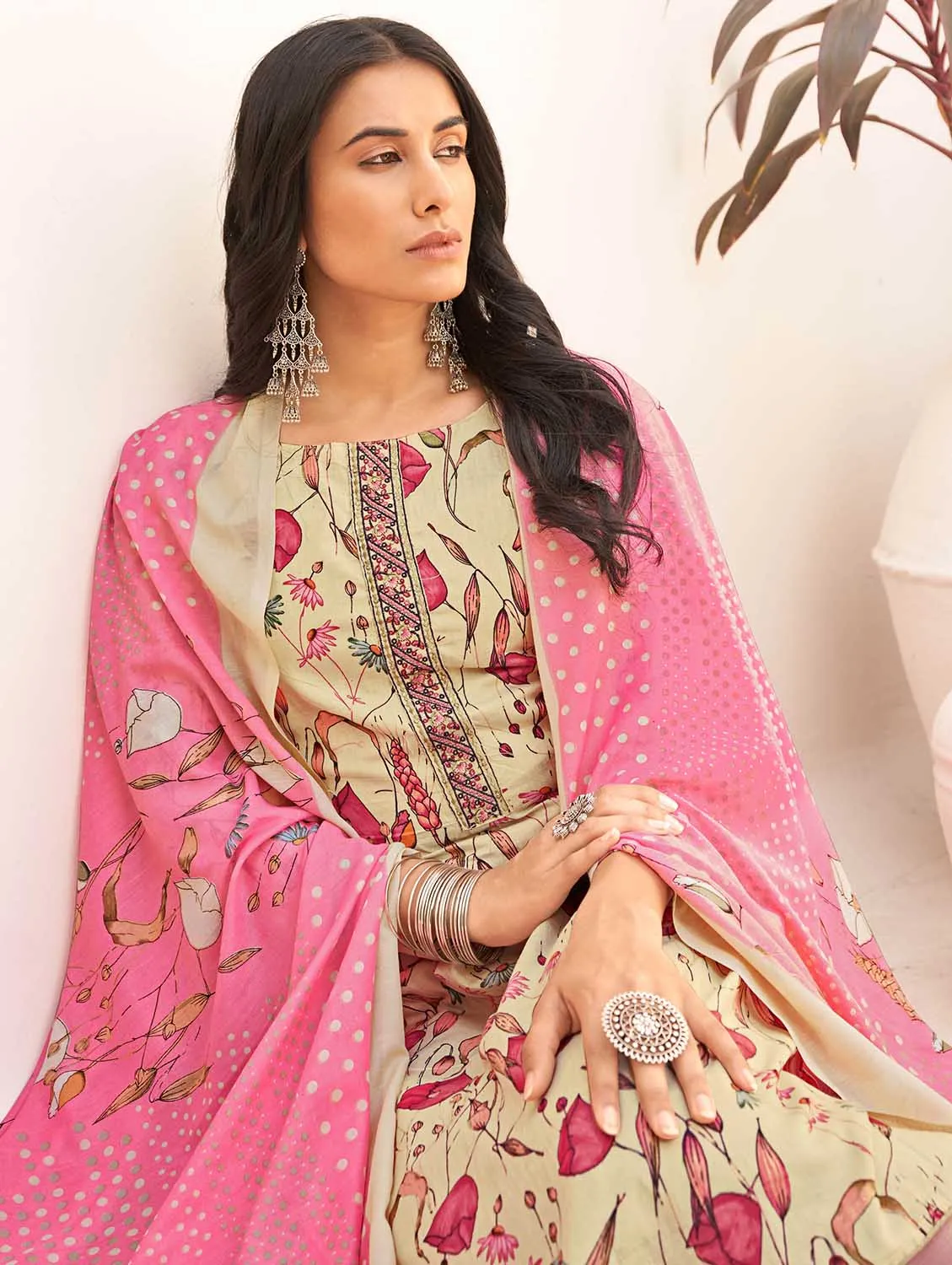 Masakali Unstitched Pure Cambric Cotton Suit Set Beige