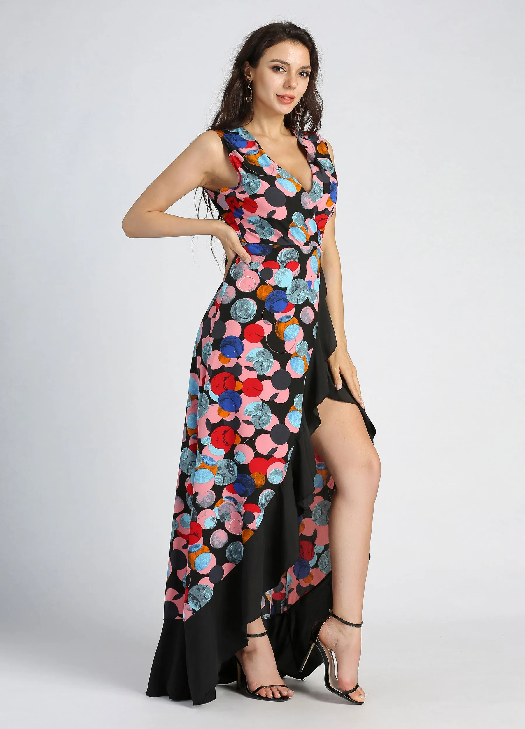 MECALA Women's Deep V-Neck Front Slit Maxi Dress