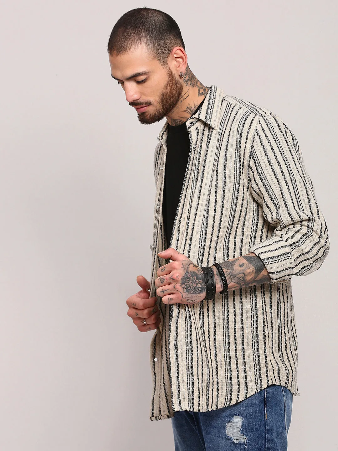 Men Cream Striped Shacket