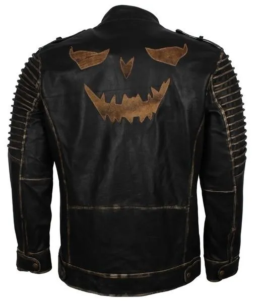 Men's Black Hooded Jack O' Lantern Scarecrow Genuine Leather Jacket