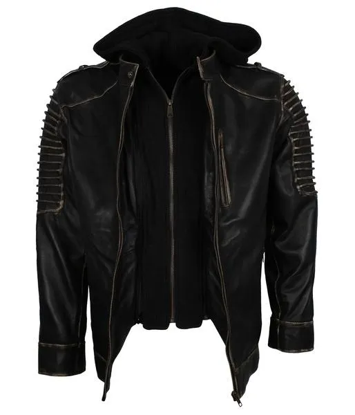 Men's Black Hooded Jack O' Lantern Scarecrow Genuine Leather Jacket