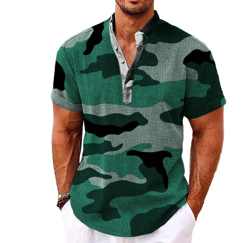 MEN'S HENLEY COLLAR PRINTED SHORT SLEEVE SHIRT 25657799YM