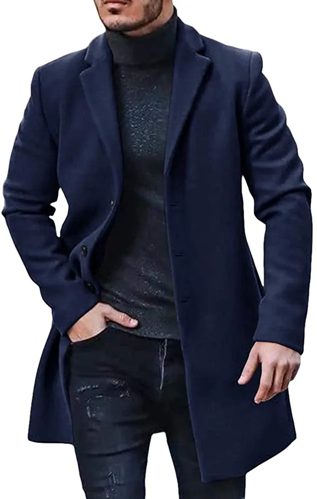 Men's Trench Coat Navy Blue Winter Warm Cotton Long Jacket Overcoat