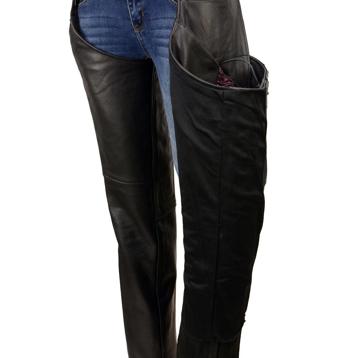 Milwaukee Leather Women's Black Premium Leather Motorcycle Rider Chaps w/ Purple Crinkled Stripes-Reflective Trim MLL6500