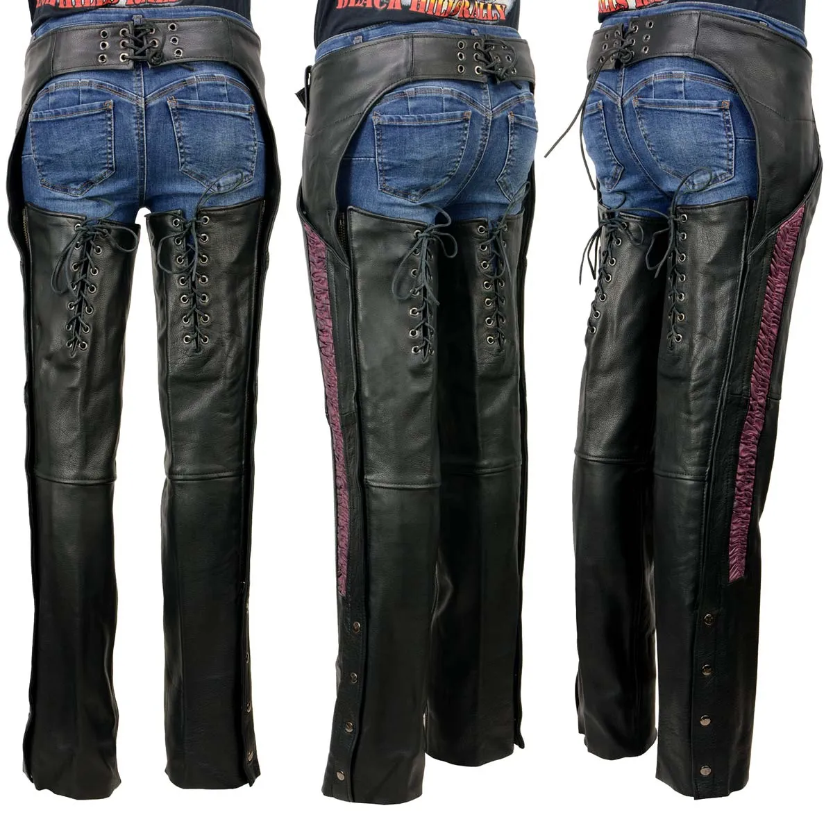 Milwaukee Leather Women's Black Premium Leather Motorcycle Rider Chaps w/ Purple Crinkled Stripes-Reflective Trim MLL6500