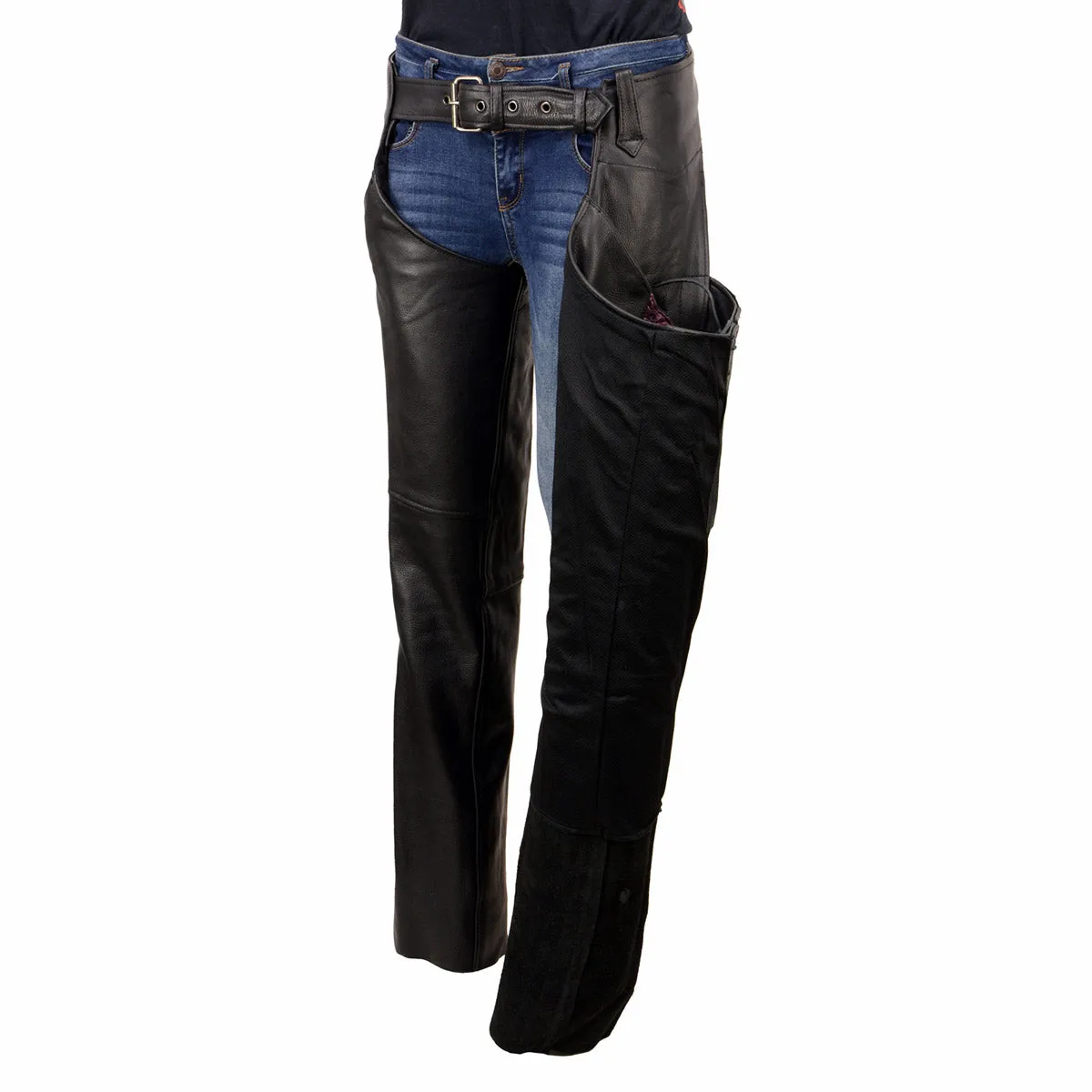Milwaukee Leather Women's Black Premium Leather Motorcycle Rider Chaps w/ Purple Crinkled Stripes-Reflective Trim MLL6500