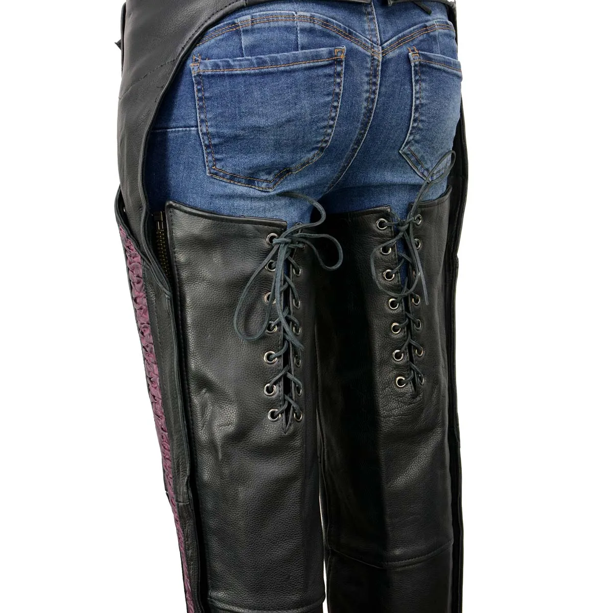 Milwaukee Leather Women's Black Premium Leather Motorcycle Rider Chaps w/ Purple Crinkled Stripes-Reflective Trim MLL6500