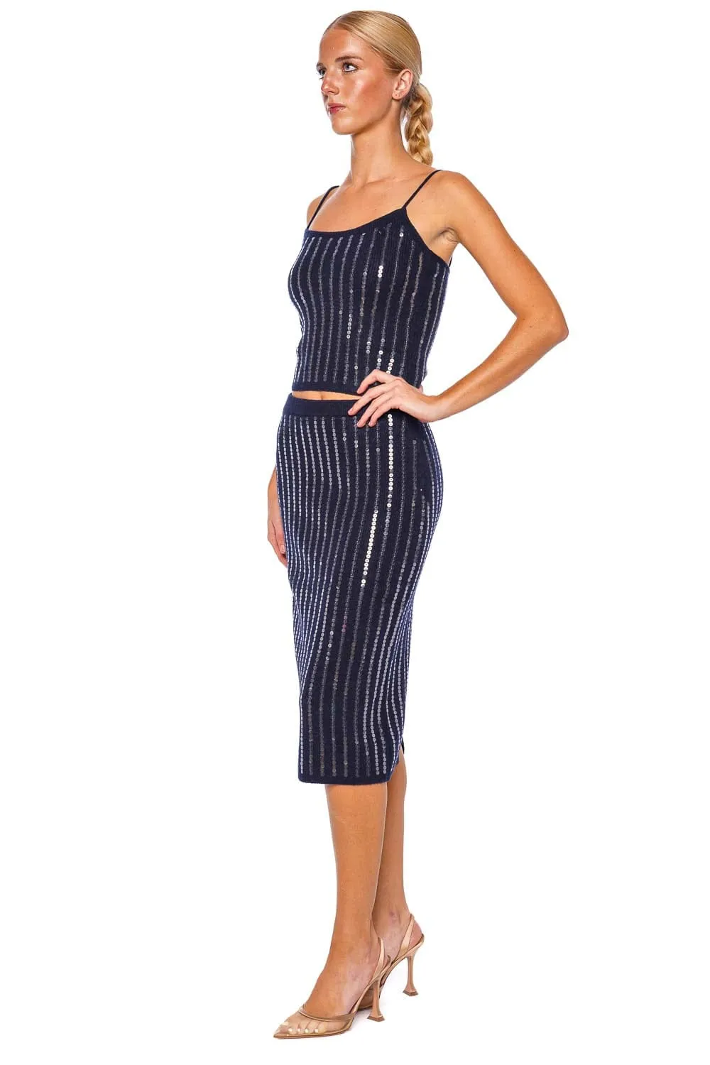 Mimi Navy Sequin Knit Midi Skirt