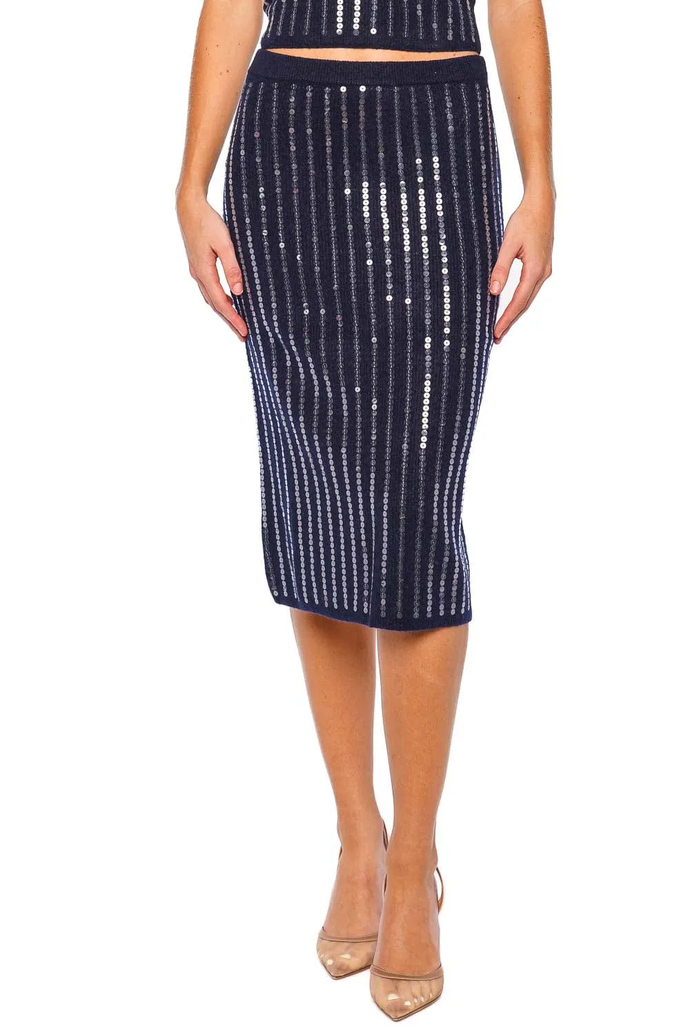Mimi Navy Sequin Knit Midi Skirt