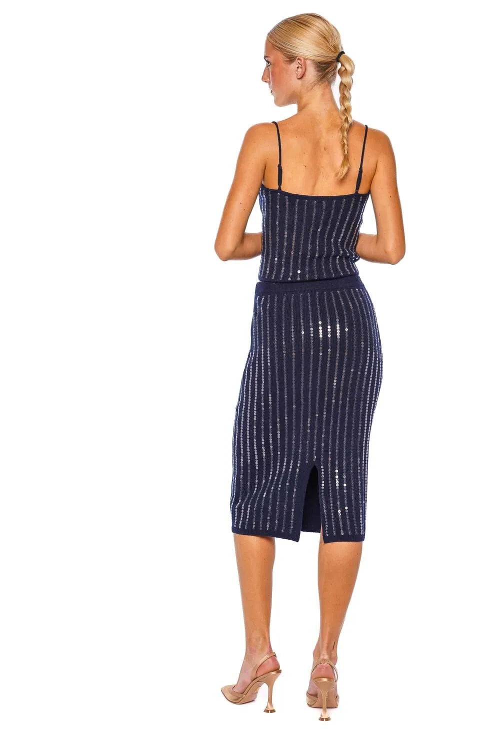 Mimi Navy Sequin Knit Midi Skirt