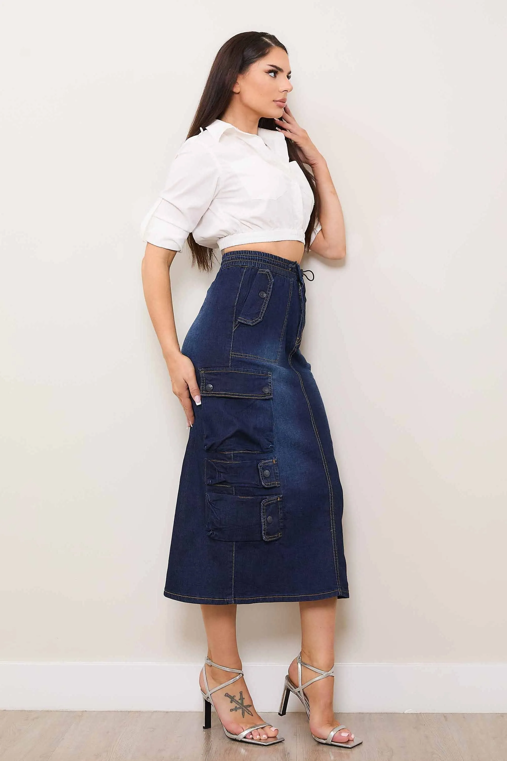 Multi Cargo Pocket Midi Denim Skirt