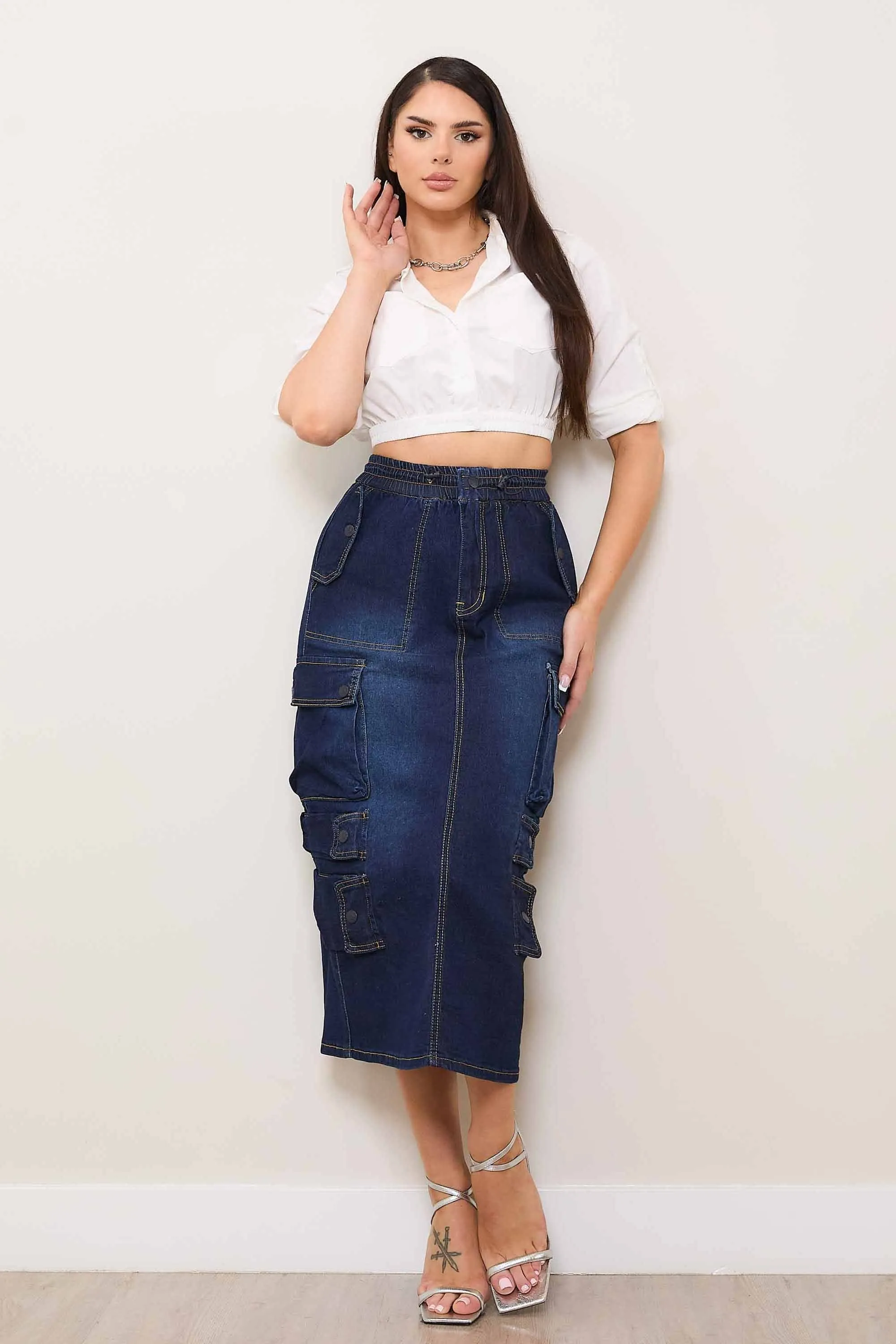 Multi Cargo Pocket Midi Denim Skirt