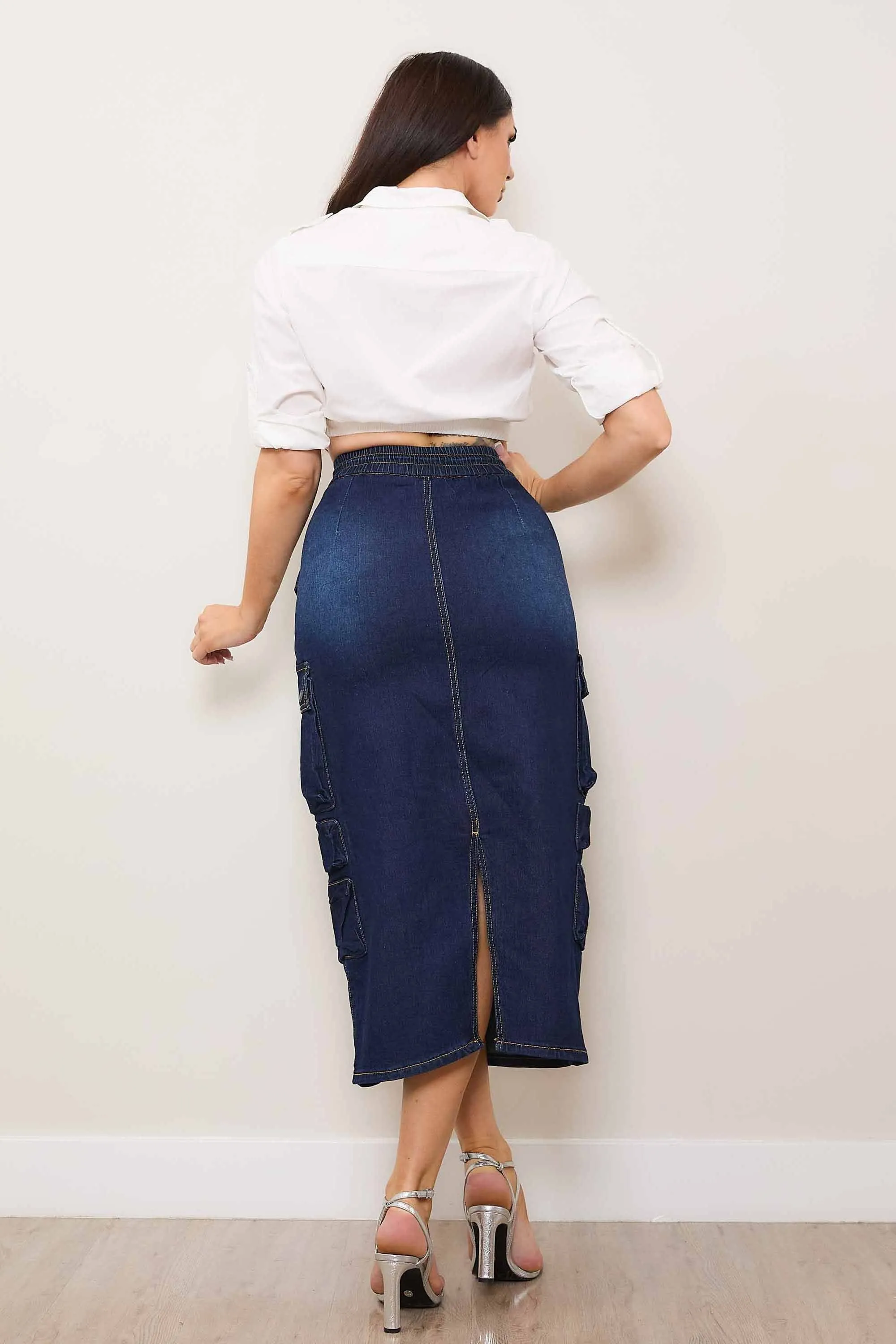 Multi Cargo Pocket Midi Denim Skirt