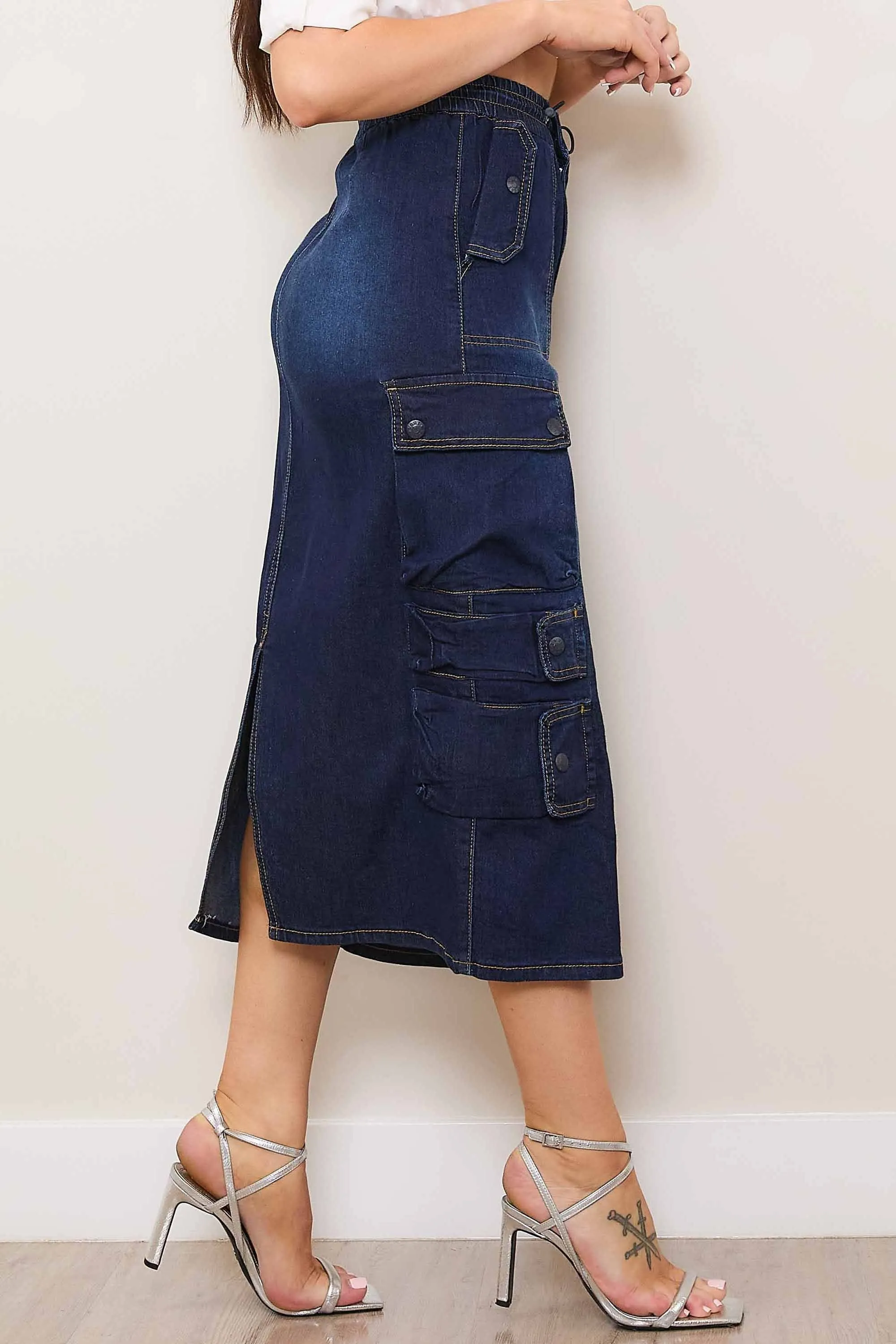 Multi Cargo Pocket Midi Denim Skirt