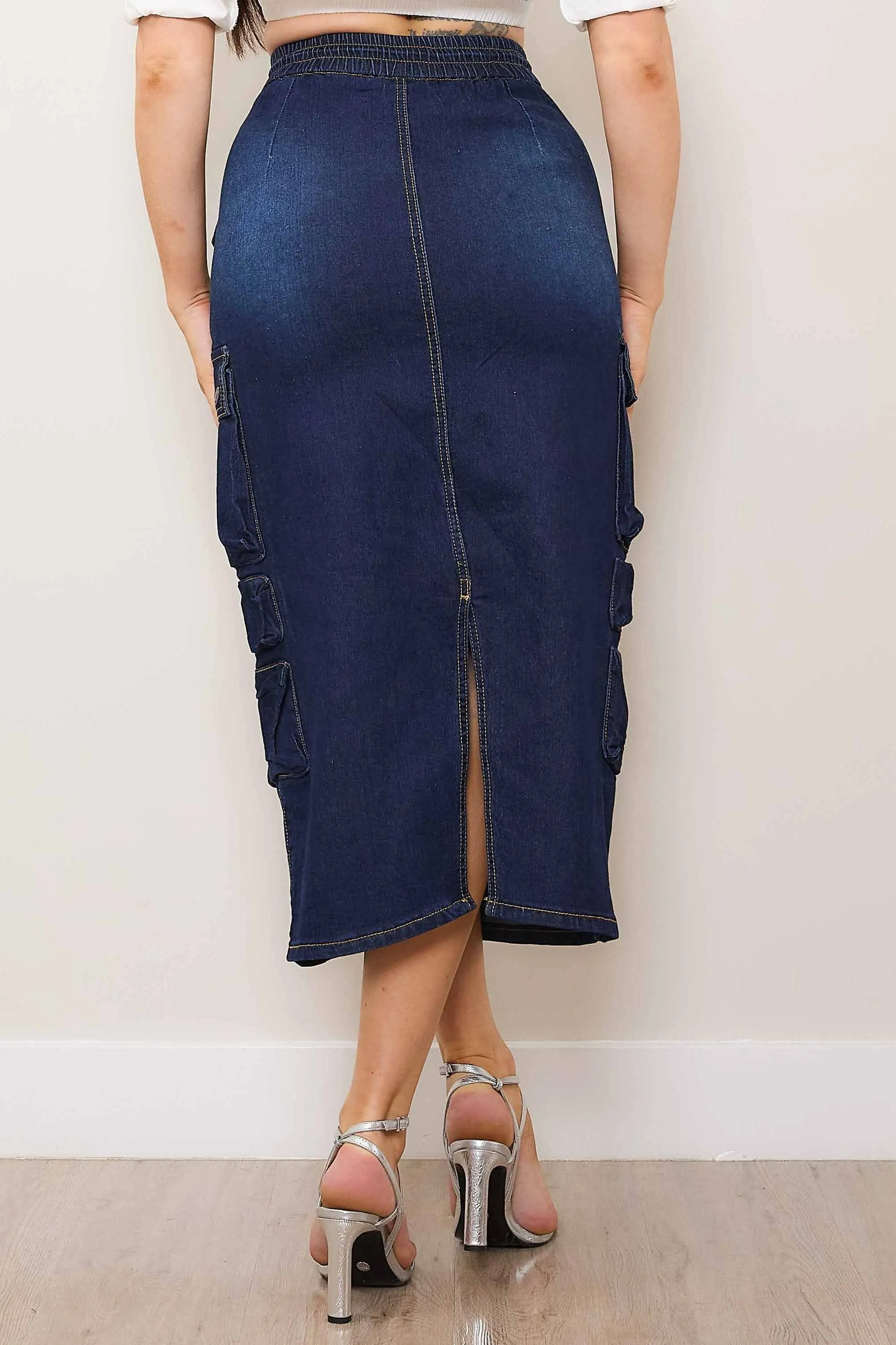 Multi Cargo Pocket Midi Denim Skirt