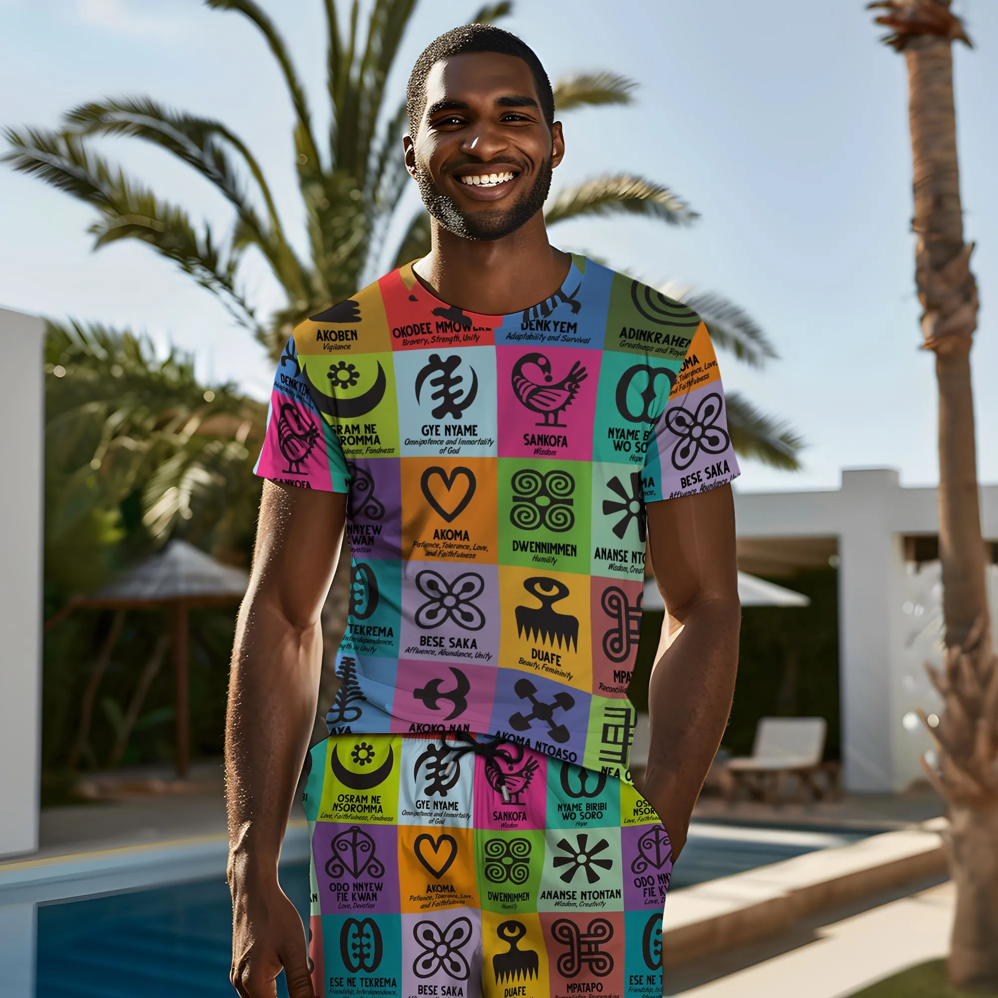 Multi Color Adinkra Symbols T-shirt and Shorts Set