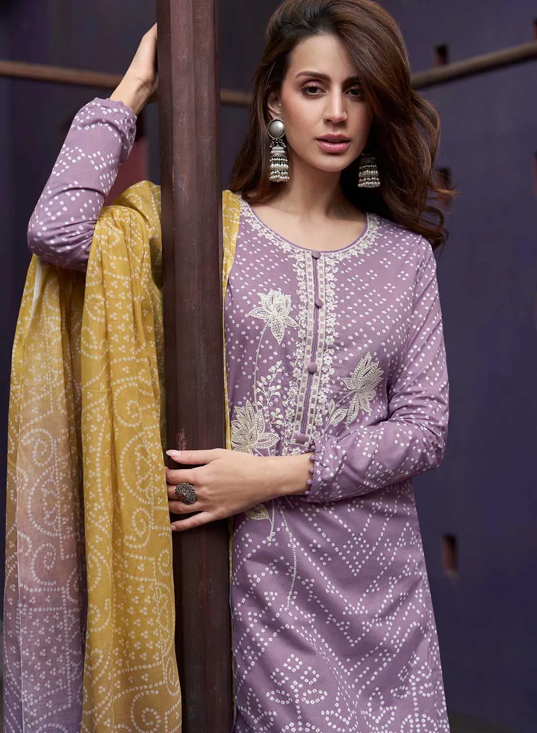 Mumtaz Arts Purple Lawn Cambric Cotton Unstitched Suit Material