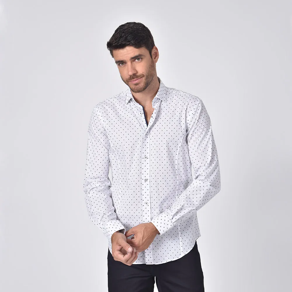 Navy Blue Polka Dot Print Fil Coupé Button Down Shirt