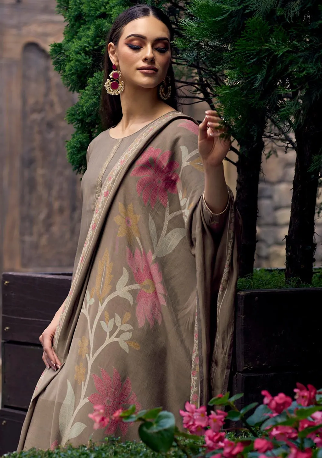 Party Wear Pure Muslin Unstitched Printed Women Salwar Suit Brown