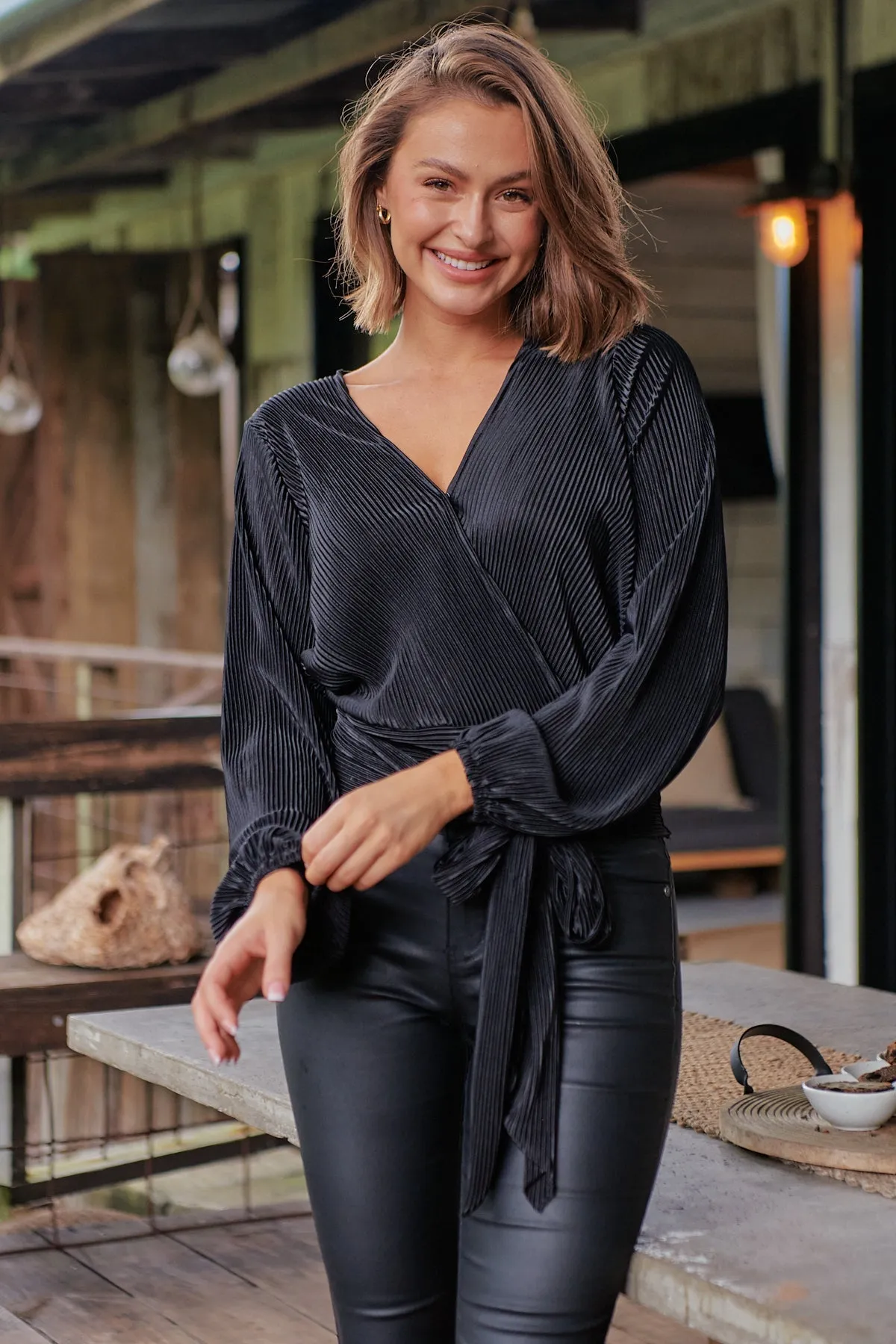 Parvatti Black Pleated Long Sleeve Top