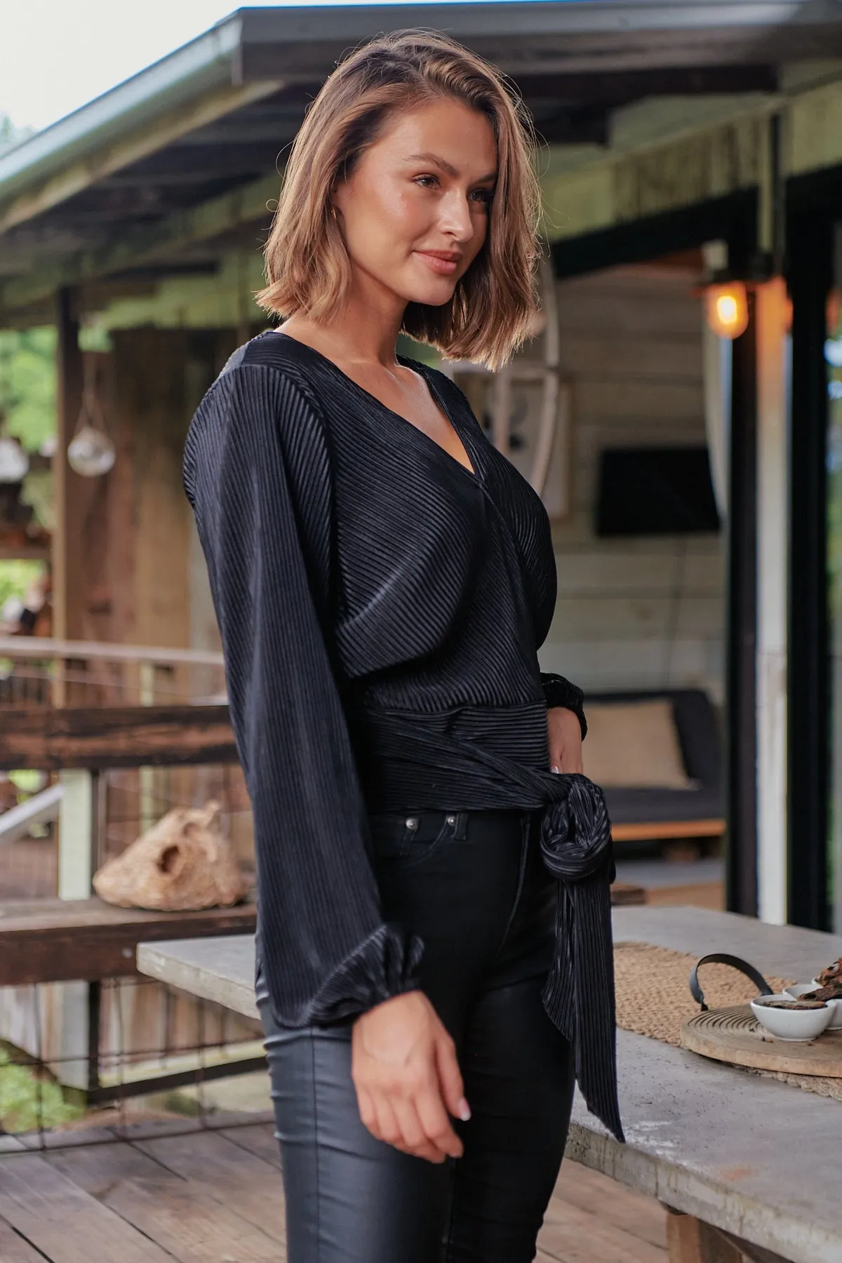 Parvatti Black Pleated Long Sleeve Top