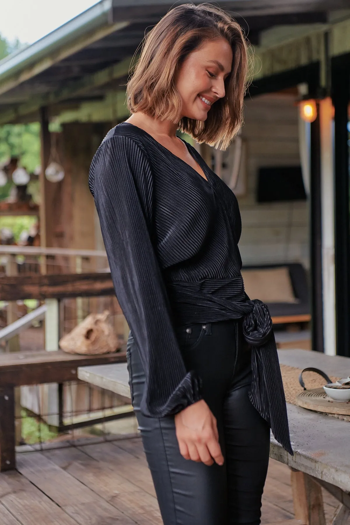 Parvatti Black Pleated Long Sleeve Top