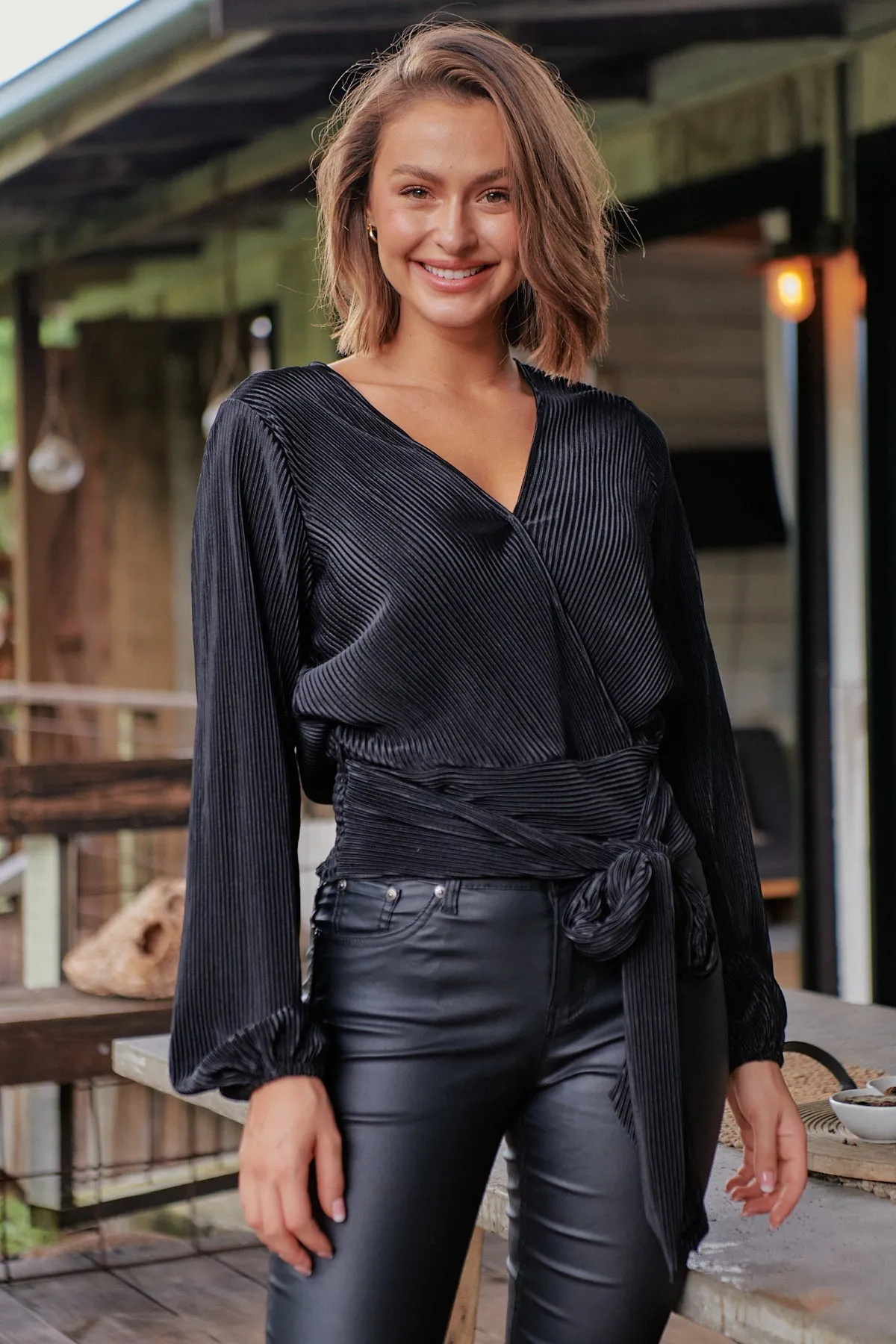 Parvatti Black Pleated Long Sleeve Top
