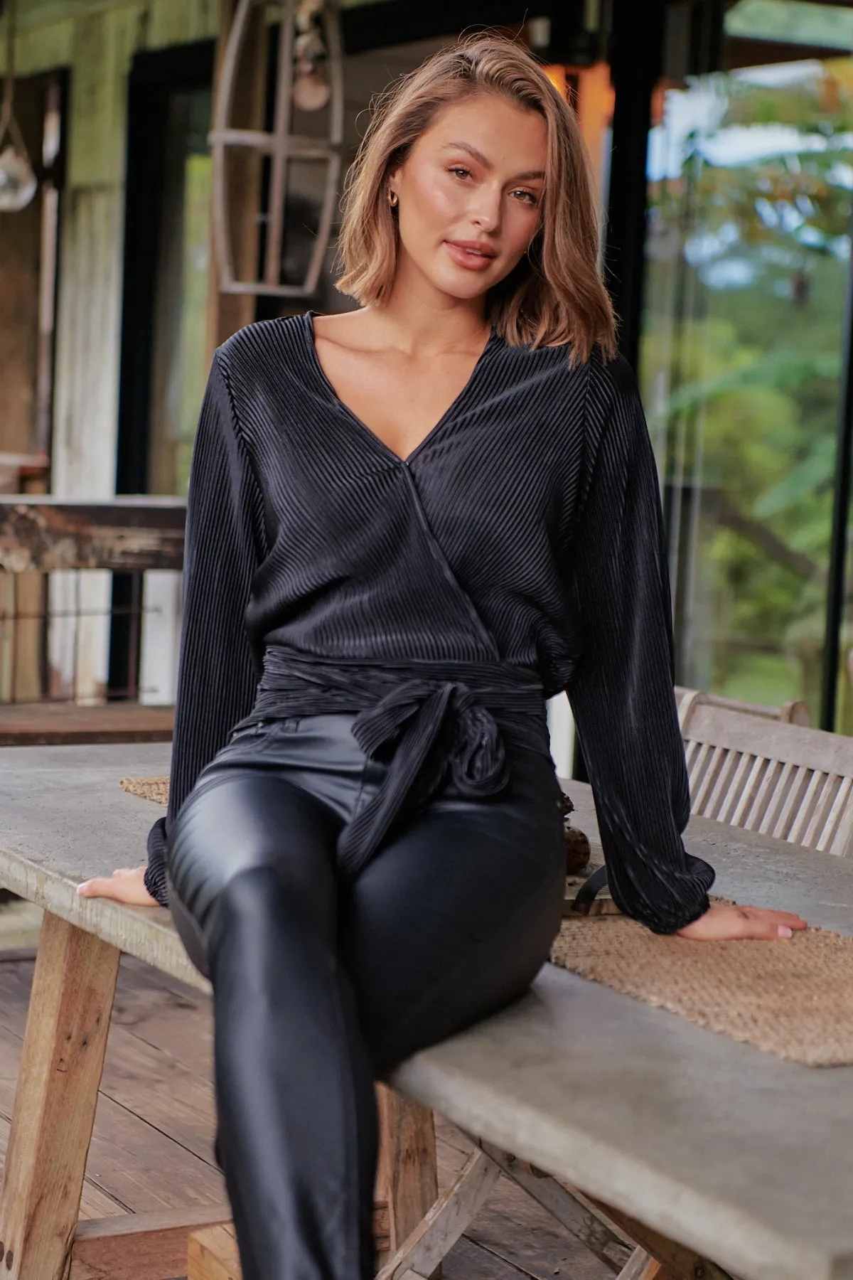 Parvatti Black Pleated Long Sleeve Top