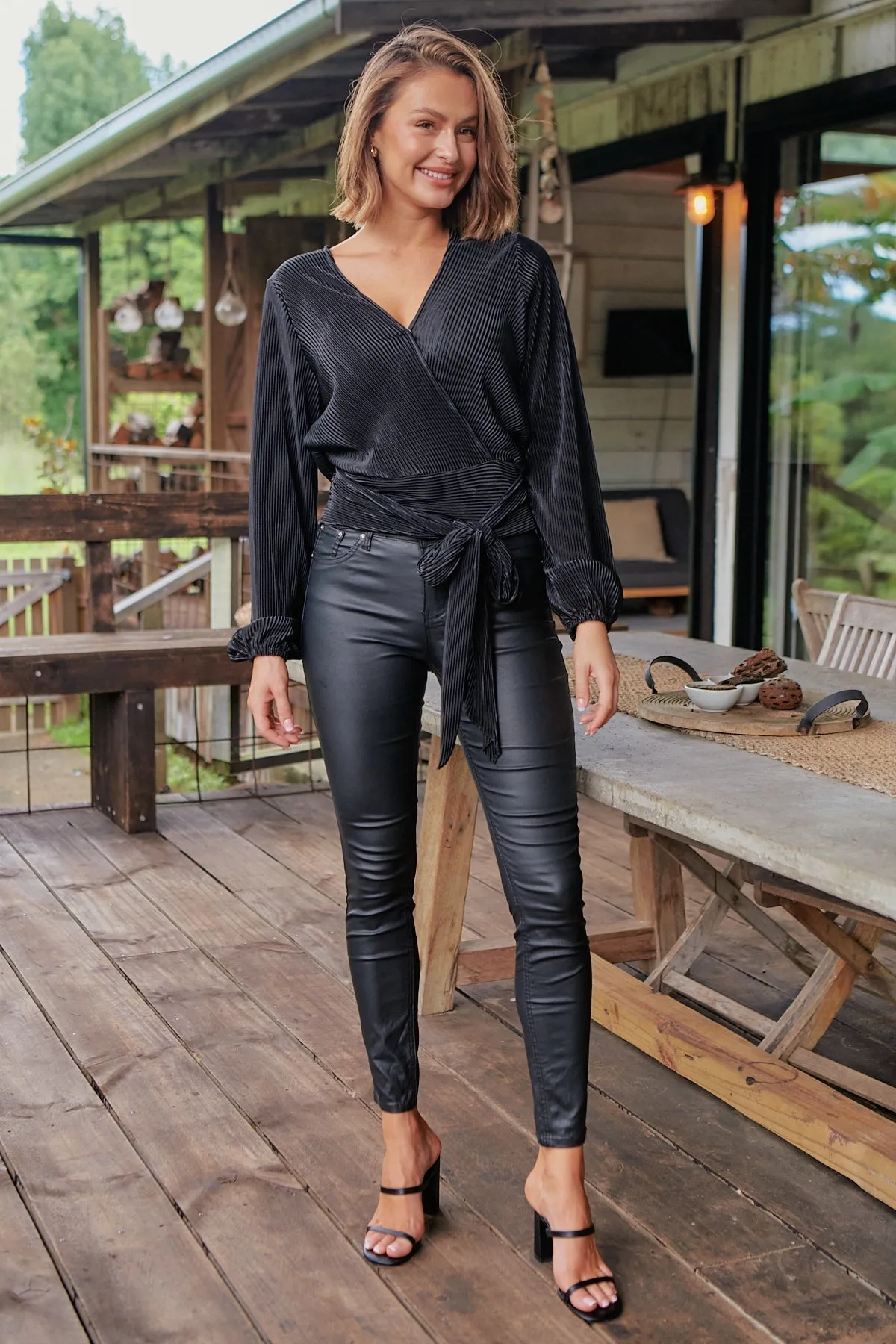 Parvatti Black Pleated Long Sleeve Top
