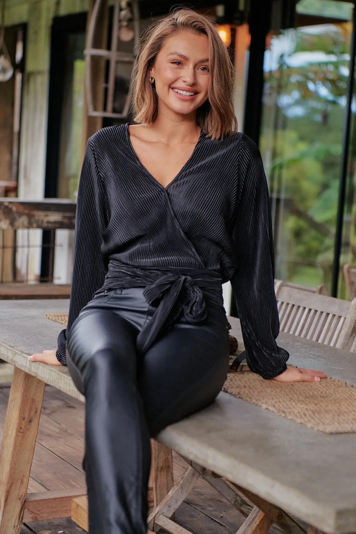 Parvatti Black Pleated Long Sleeve Top