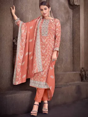 Peach Wool Pashmina Printed Unstitched Suit Set