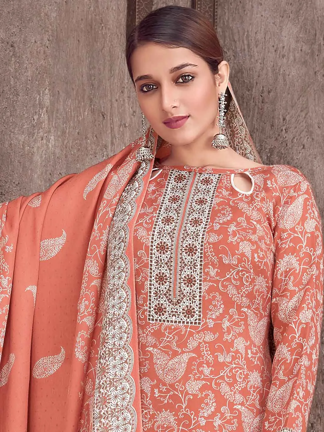 Peach Wool Pashmina Printed Unstitched Suit Set