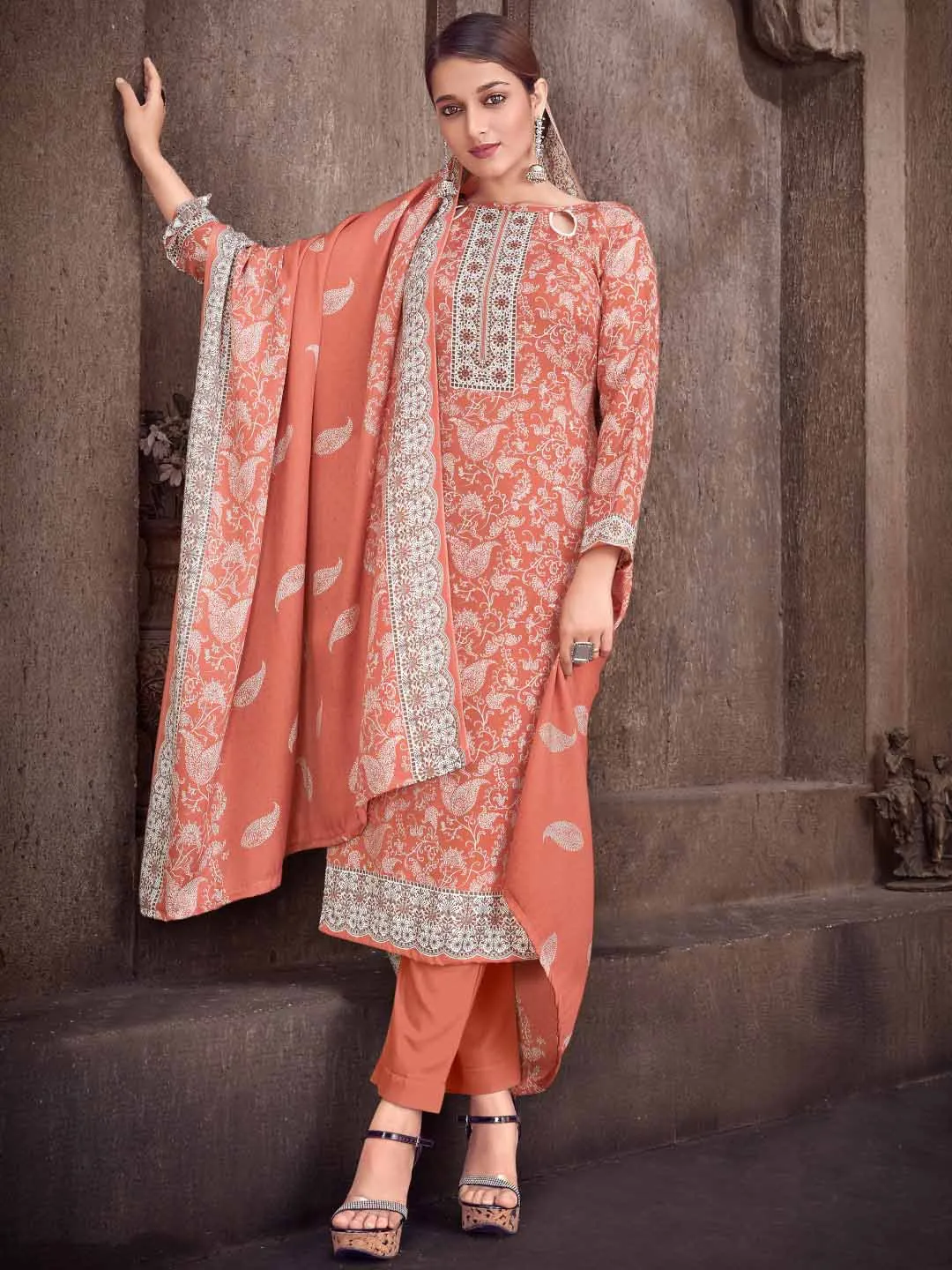 Peach Wool Pashmina Printed Unstitched Suit Set