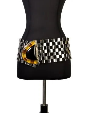 Perez Sanz Vintage Black Yellow Poured Resin Alpaca Silver Statement Box Link Belt